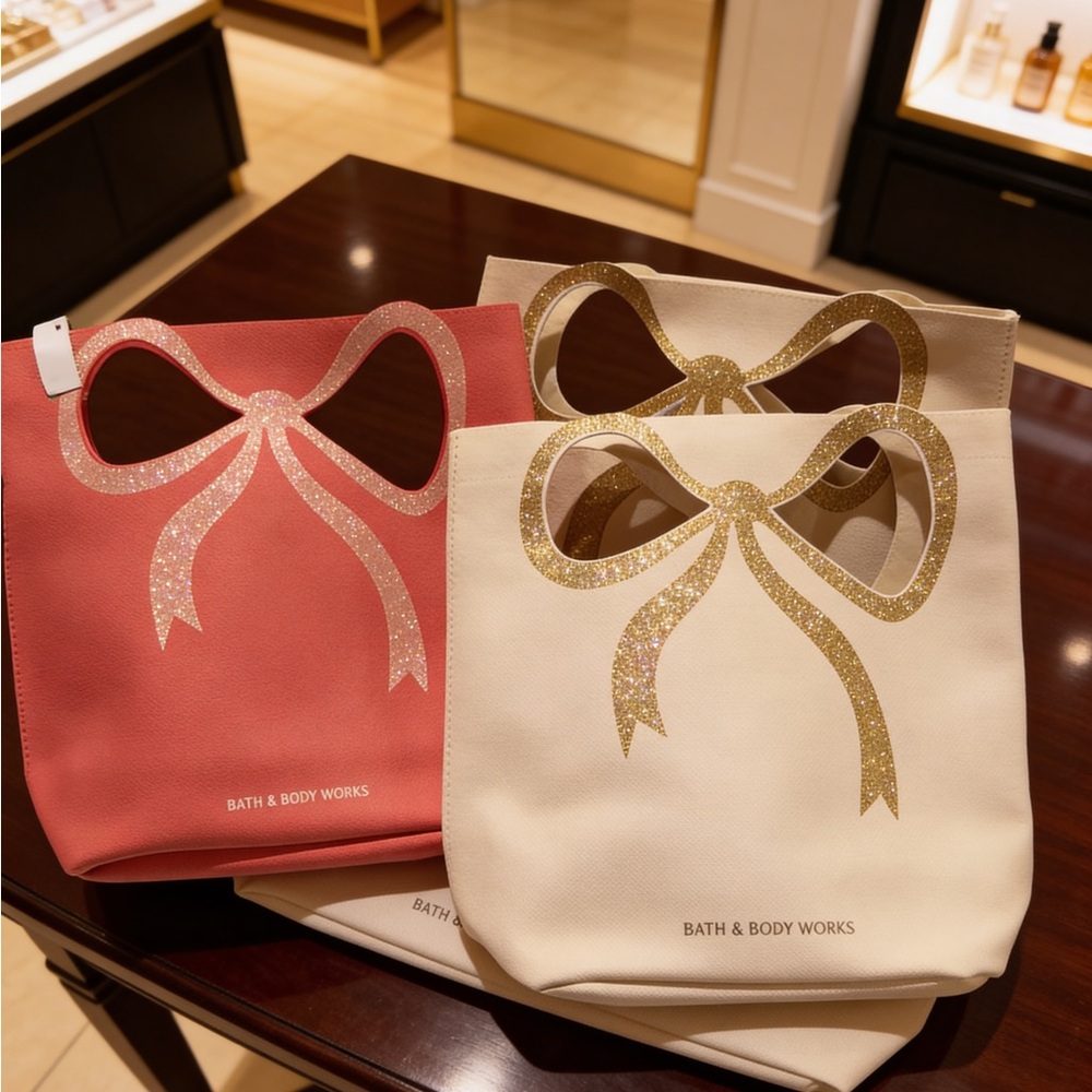 Bath & Body Works Tote Bags - Coral and Cream with Gold Bows